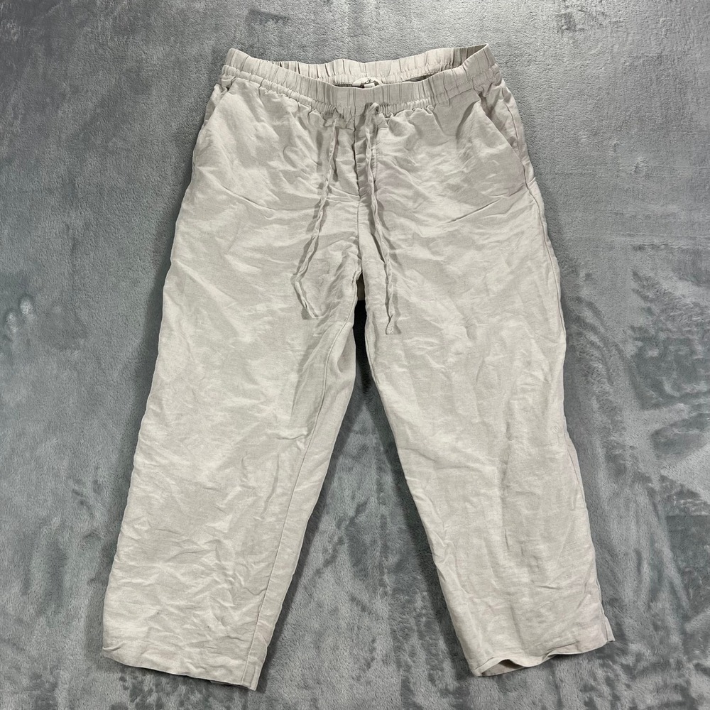H&M Linen Blend Pants Womens Medium Beige Relaxed Drawstring Wide Leg